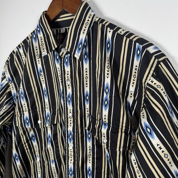 Plains Western Wear Southwest Aztec Pearl Snap Shirt Medium Black Blue VTG - Picture 2 of 14